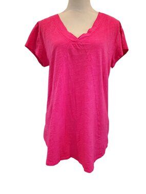 MODODOC SZ XL Women's 100% Cotton V-Neck Seamed Tee Shirt Cap Sleeve in Hot Pink
